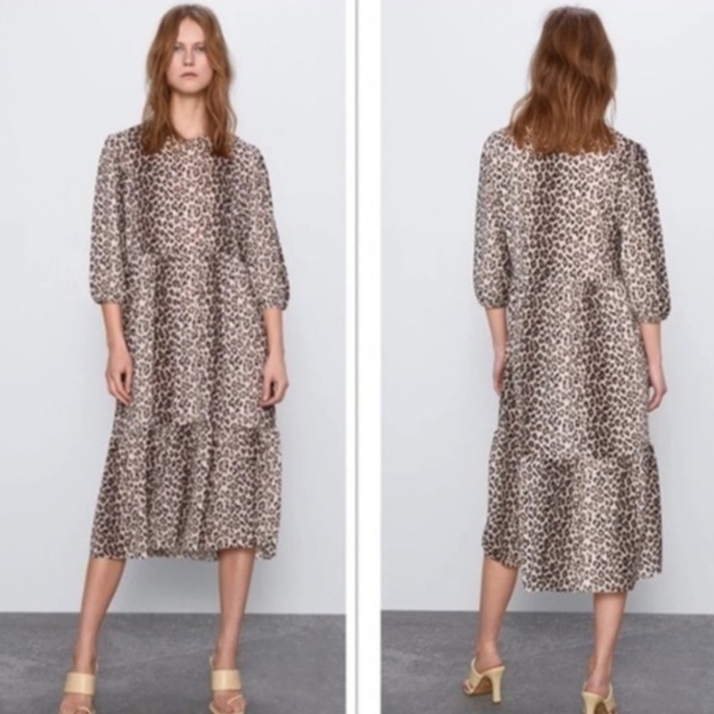 Zara leopard puff sleeve midi dress